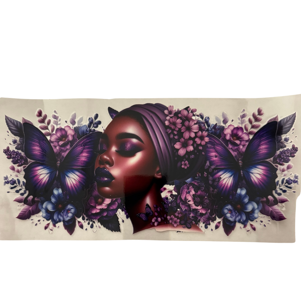 Black Woman Purple Butterfly and Flowers