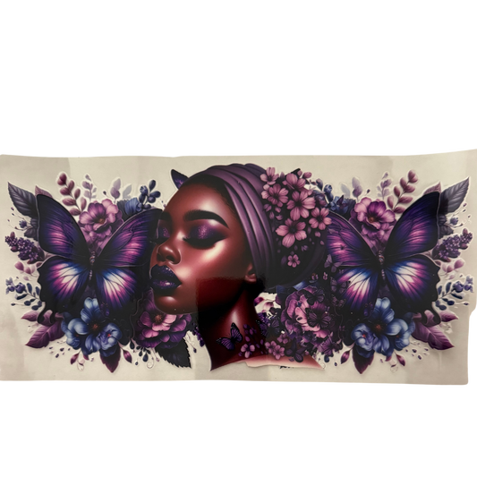 Black Woman Purple Butterfly and Flowers