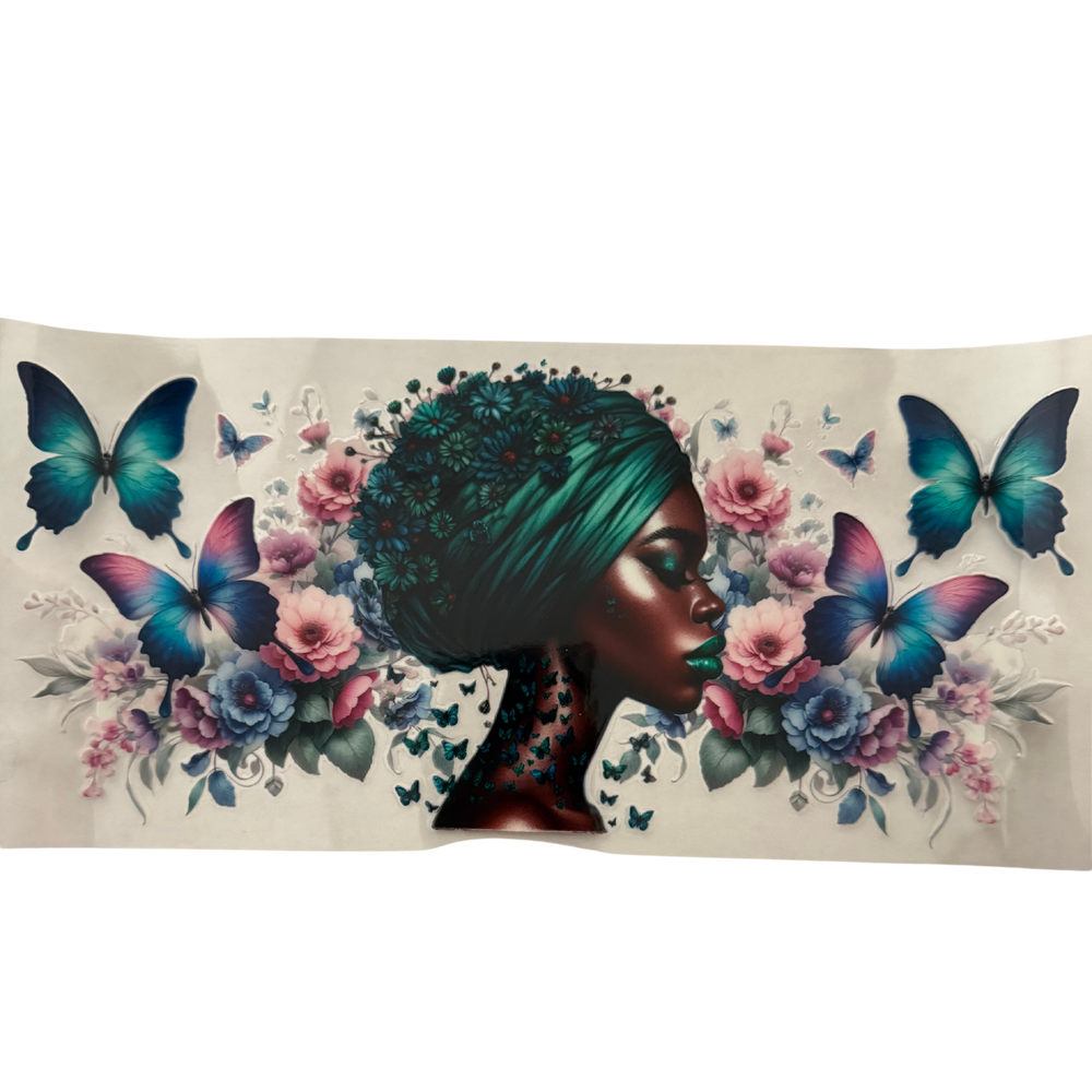 Black Woman Teal Butterflies and Flowers