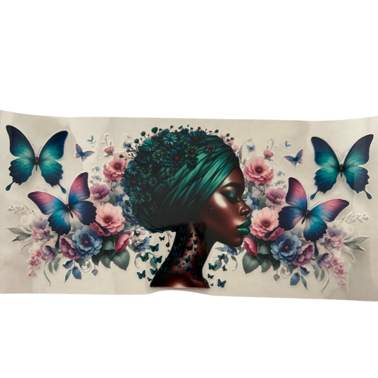 Black Woman Teal Butterflies and Flowers